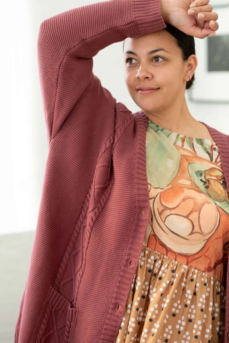 Lazybones Women's Charli Cardigan in Mulberry - Organic Cotton Knitwear